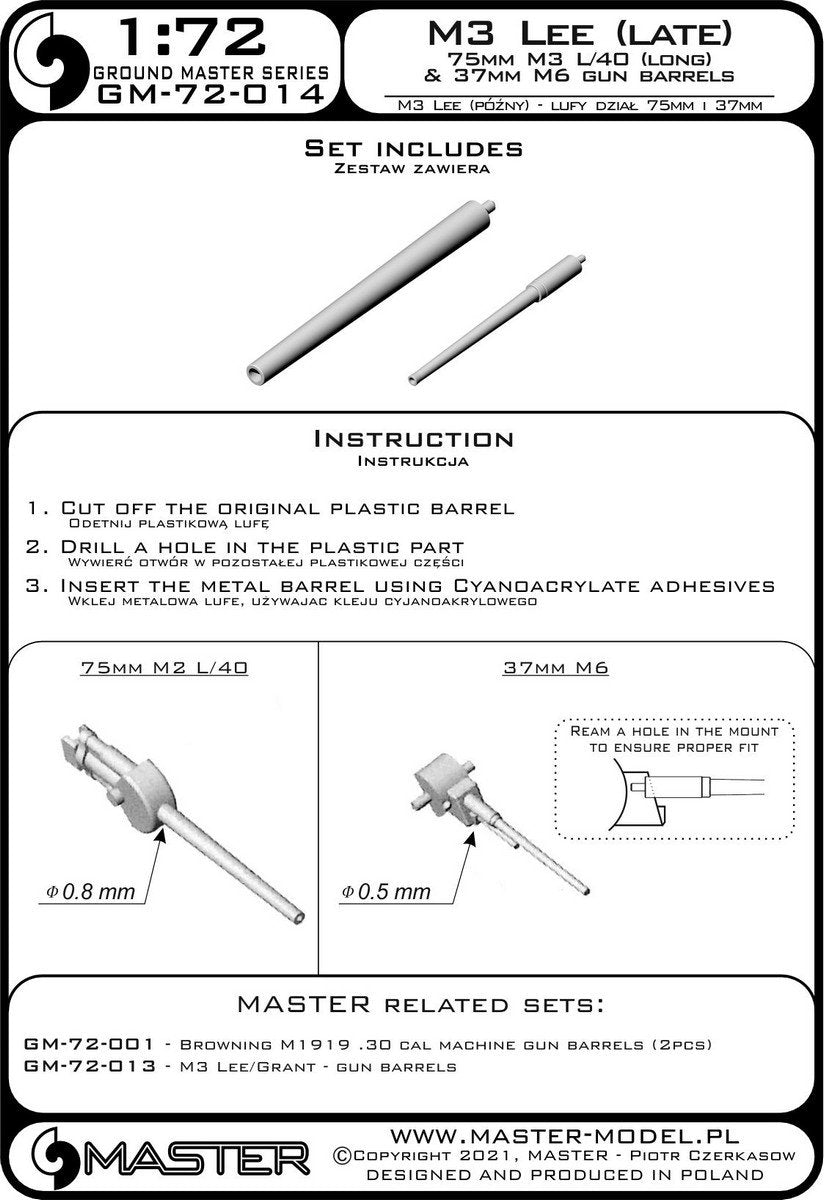 Master GM-72-014 M3 Lee (late production) - weapon barrels - 75mm M3 L/40 (long) and 37mm M6 1/72 – image 3