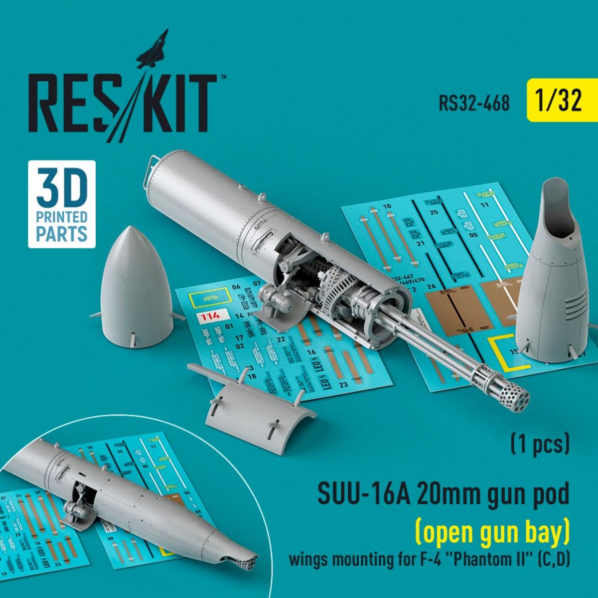 RESKIT RS32-0468 SUU-16A Nacelle de canon de 20 mm (baie ouverte) avec fixation sur les ailes pour F-4 Phantom II (C, D) (1 pièce) (Impression 3D) 1/32