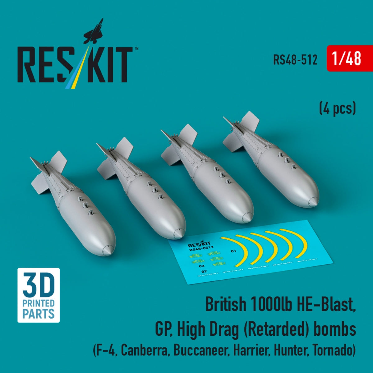 RESKIT RS48-0512 Bombes britanniques HE-Blast de 1000 lb, GP, à forte traînée (ralenties) (4 pièces) (impression 3D) 1/48