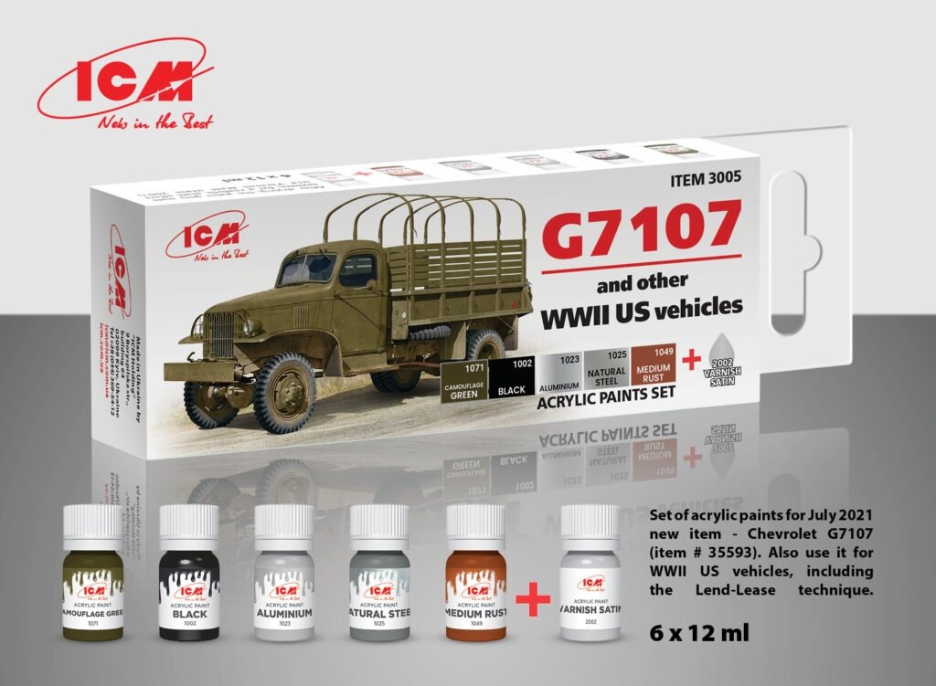 Kit de peinture acrylique ICM 3005 pour camion militaire G7107 4x4 de la Seconde Guerre mondiale (6 x 12 ml).