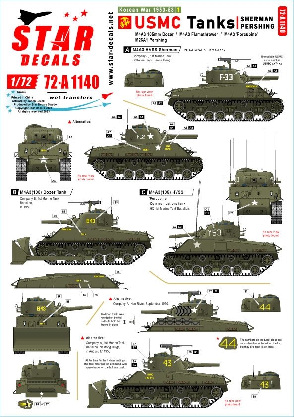Star Decals 72-A1140 Guerre de Corée 1950-53 n° 1. Chars de l&amp;#39;USMC. Sherman et Pershing. Échelle 1/72
