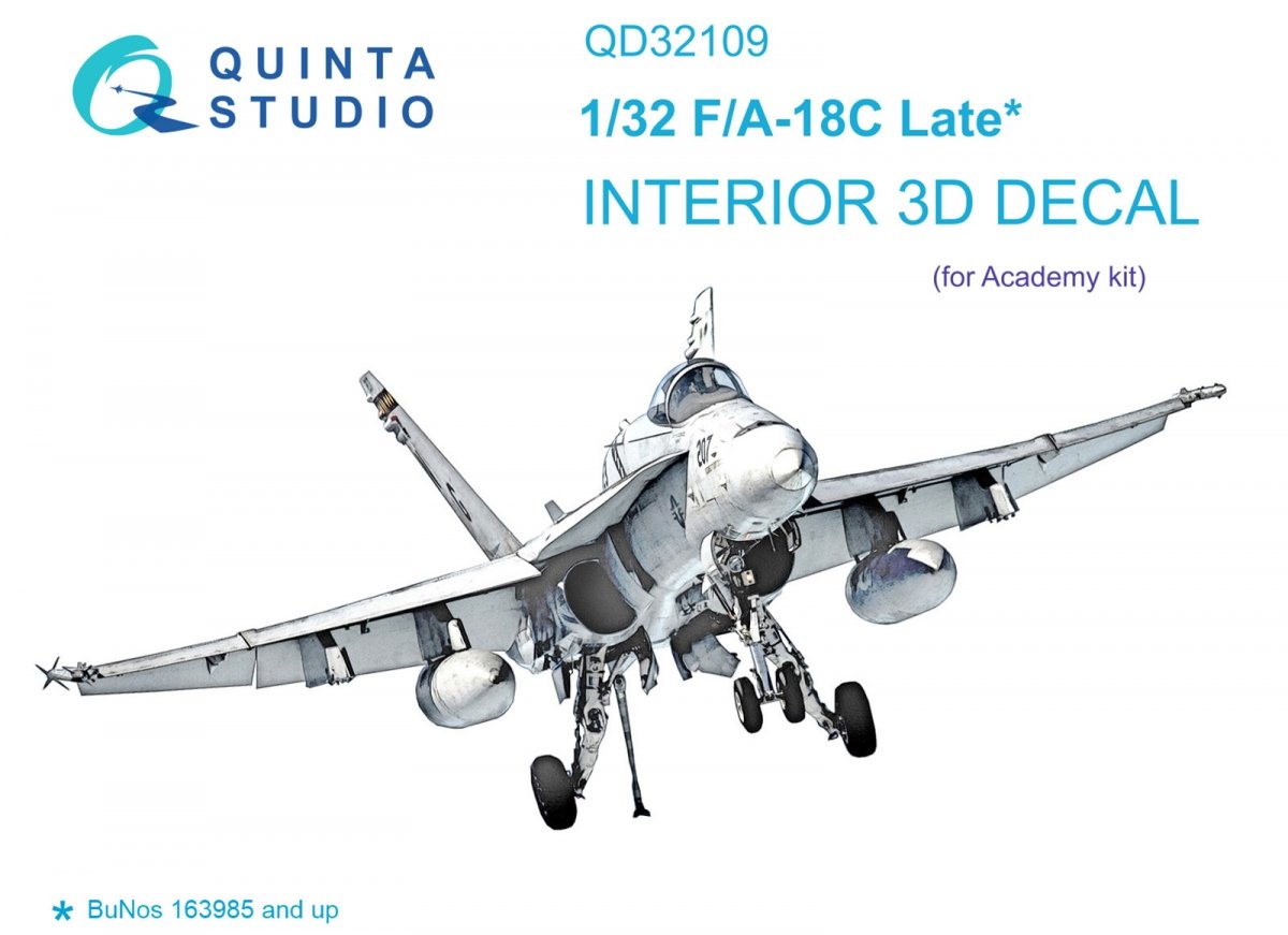 Intérieur imprimé en 3D et coloré sur papier décalcomanie Quinta Studio QD32109 F/A-18C Late (Academy) à l'échelle 1/32
