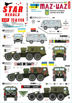 Star Decals 72-A1114 Guerre en Ukraine n° 3 Véhicules de transport ukrainiens 2014-2022. Transporteur de chars MAZ-537 et UAZ-452 Buhanka 1/72