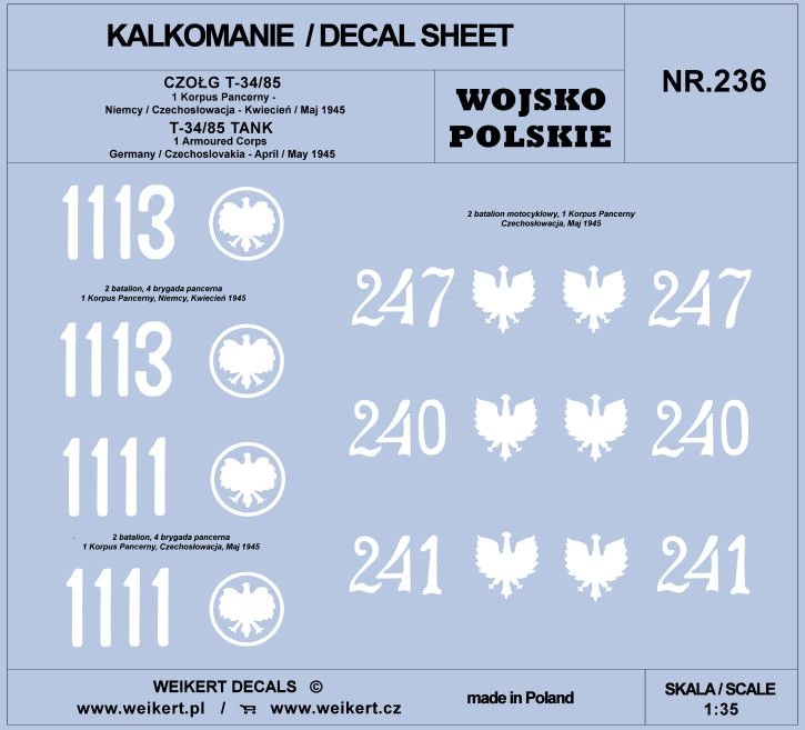 Weikert Decals DEC236 POLISH ARMY - T-34/85 TANK - 1st Armored Corps 1/35