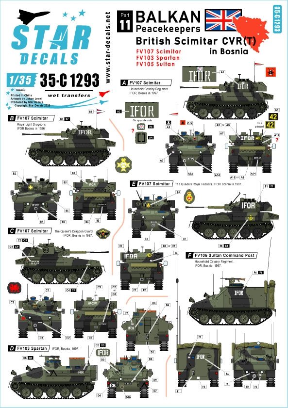 Star Decals 35-C1293 Scimitar britannique CVR(T) en Bosnie. Marquages ​​IFOR. FV107 Scimitar, FV103 Spartan et FV105 Sultan 1/35