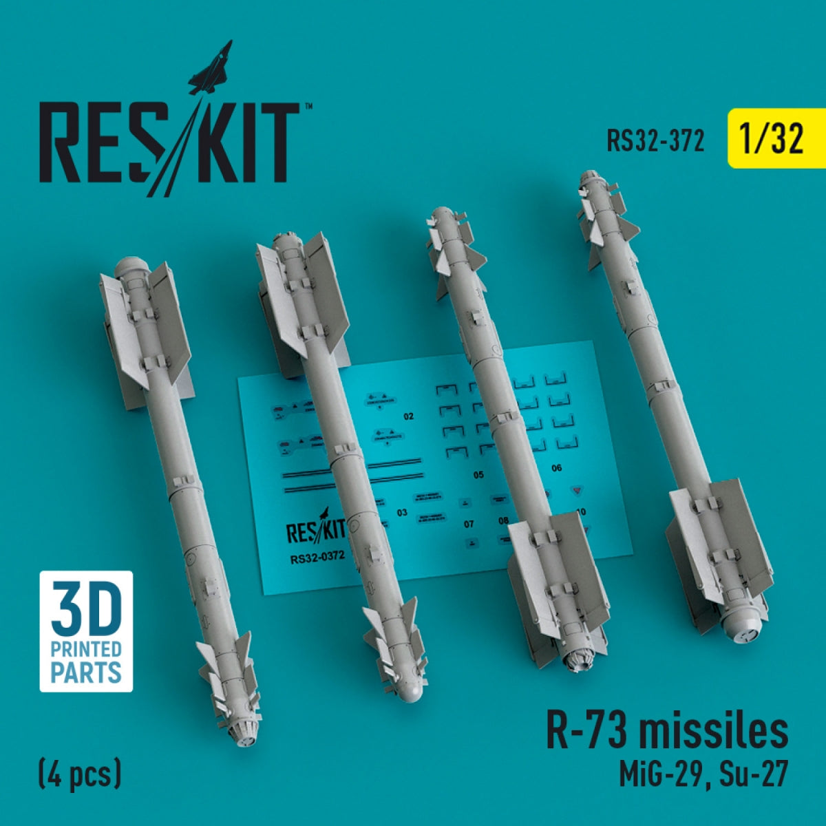 Missiles RESKIT RS32-0372 R-73 (4 pièces) (MiG-29, Su-27) (Impression 3D) 1/32