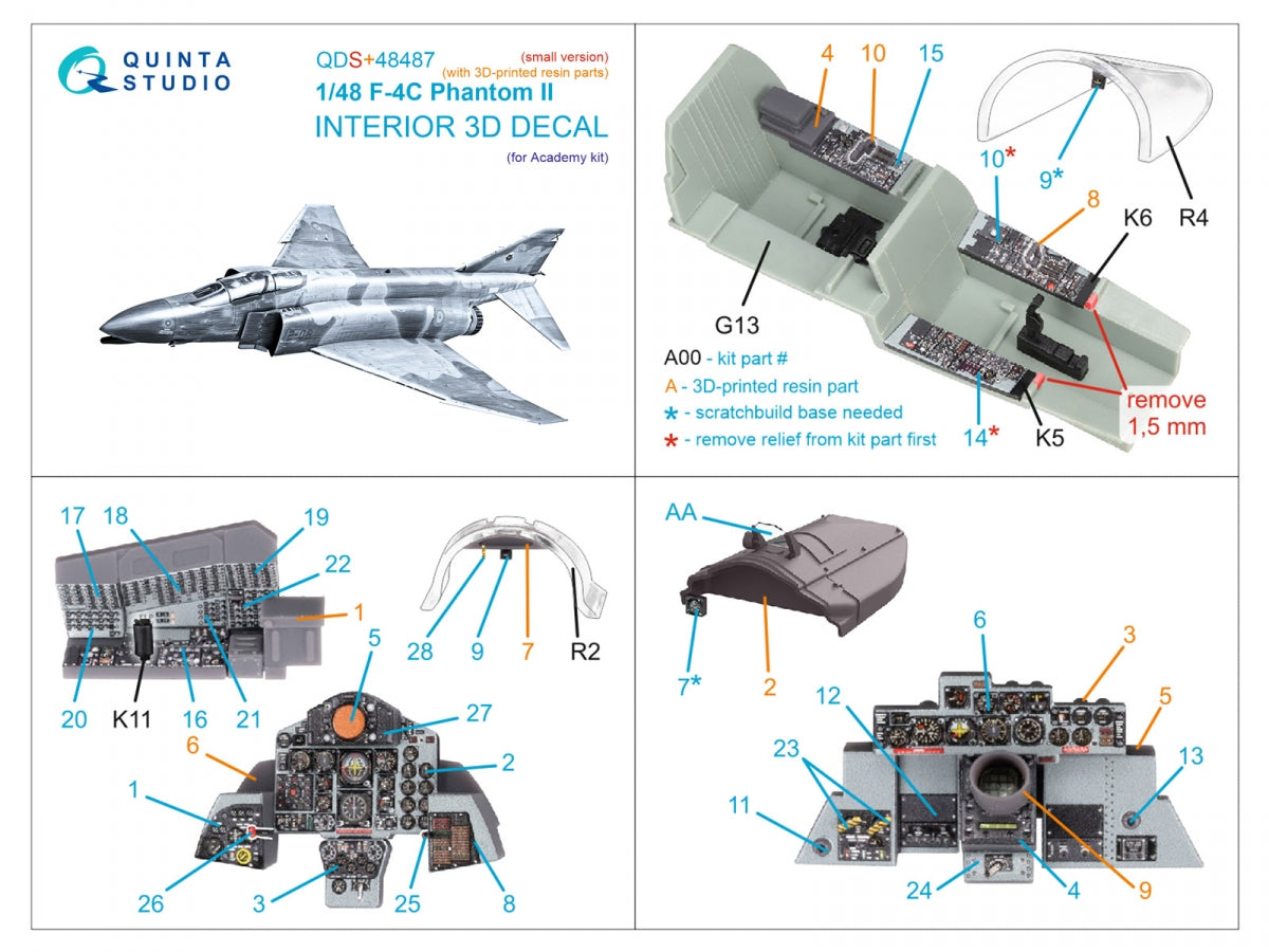 Quinta Studio QDS+48487 F-4C Phantom II Intérieur imprimé en 3D et coloré sur papier décalcomanie (Academy) (Petite version) (avec pièces en résine imprimées en 3D) 1/48  – image 3