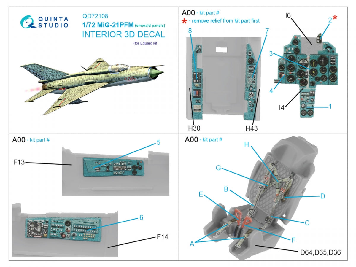 Quinta Studio QD72108 MiG-21PFM Panneaux Emerald Intérieur imprimé en 3D et coloré sur papier décalcomanie (Eduard) 1/72  – image 2