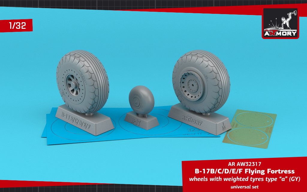 Roues Armory Models AW32317 B-17B/C/D/E/F Flying Fortress avec pneus lestés type « a » (GY), enjoliveurs PE 1/32