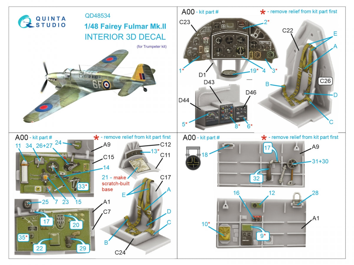 Intérieur imprimé en 3D et coloré sur papier décalcomanie Quinta Studio QD48534 Fairey Fulmar Mk.II (Trumpeter) 1/48 – Bild 2