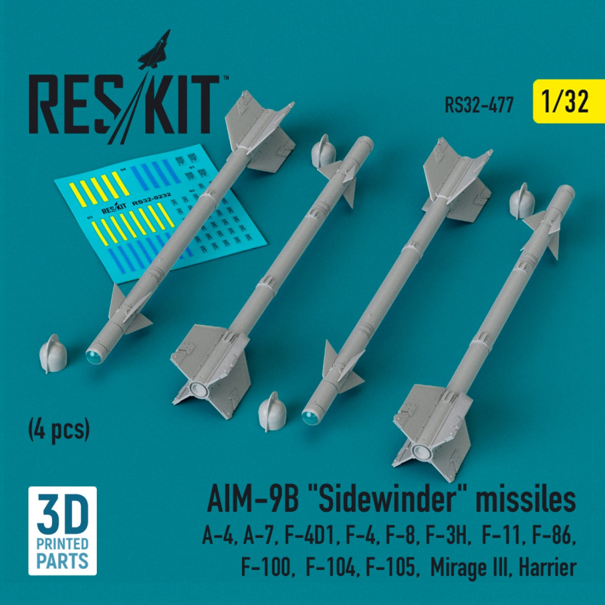 Missiles AIM-9B « Sidewinder » RESKIT RS32-0477 (4 pièces) (Impression 3D) 1/32