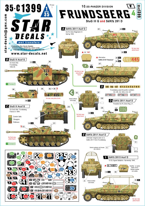 Décalcomanies étoiles 35-C1399 Frundsberg # 4. 10. Division SS-Panzer. StuG III Ausf G et SdKfz 251/1 Ausf D, SdKfz 251/3 Ausf D, SdKfz 251/9 Ausf D 1/35