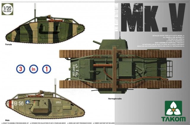 Takom 2034 Char de combat lourd de la Première Guerre mondiale Mark V Mâle Hermaphrodite Femelle 3 en 1 