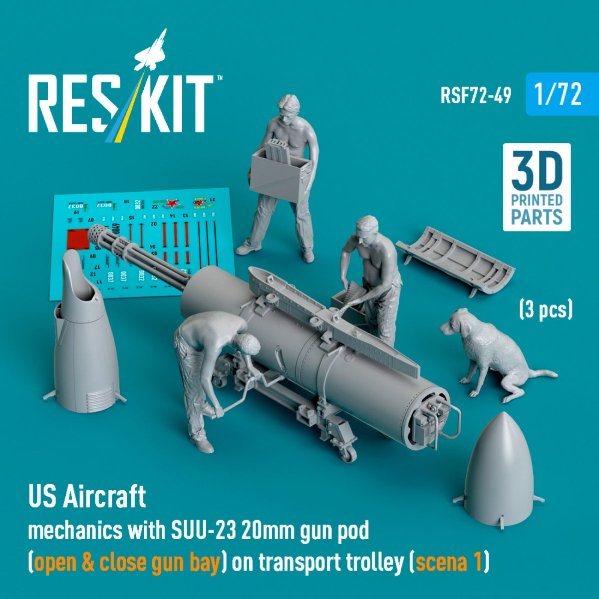 RESKIT RSF72-0049 US Aircraft mechanics with SUU-23 20mm gun pod (open & close gun bay) on transport trolley (scene 1) (3 pcs) (3D Printed) 1/72