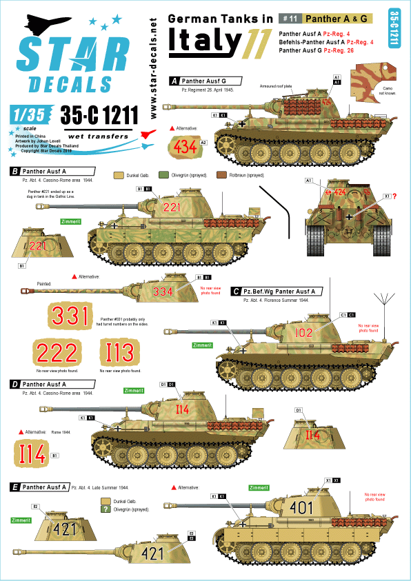 Star Decals 35-C1211 Chars allemands en Italie n° 11 Panther A &amp;amp; G 1/35