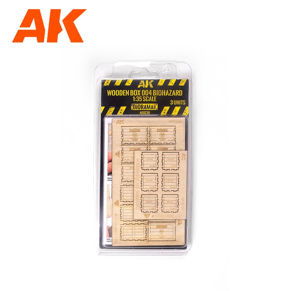 AK Interactive AK8230 BOÎTE EN BOIS DÉCOUPÉE AU LASER 004 RISQUE BIOLOGIQUE (3 UNITÉS) 1/35