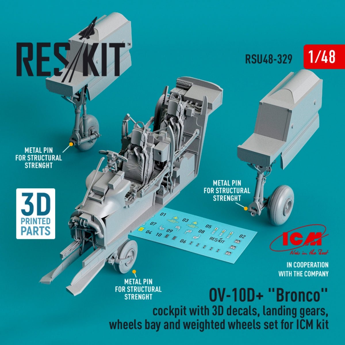 RESKIT RSU48-0329 OV-10D+ « BRONCO » COCKPIT AVEC DÉCALCOMANIES 3D, TRAIN D&amp;#39;ATTERRISSAGE, BAIE DE ROUE ET JEU DE ROUE LESTÉ POUR MAQUETTE ICM (IMPRIMÉ EN 3D) 1/48 – Bild 3