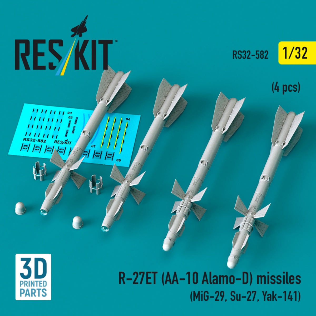 RESKIT RS32-0582 R-27ET (AA-10 Alamo-D) missiles (4 pcs) (MiG-29, Su-27, Yak-141) (3D Printed) 1/32