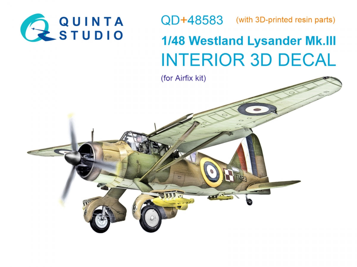 Quinta Studio QD+48583 Westland Lysander Mk.III 3D-Printed &amp;amp; coloured Interior on decal paper (Airfix) (with 3D-printed resin parts) 1/48