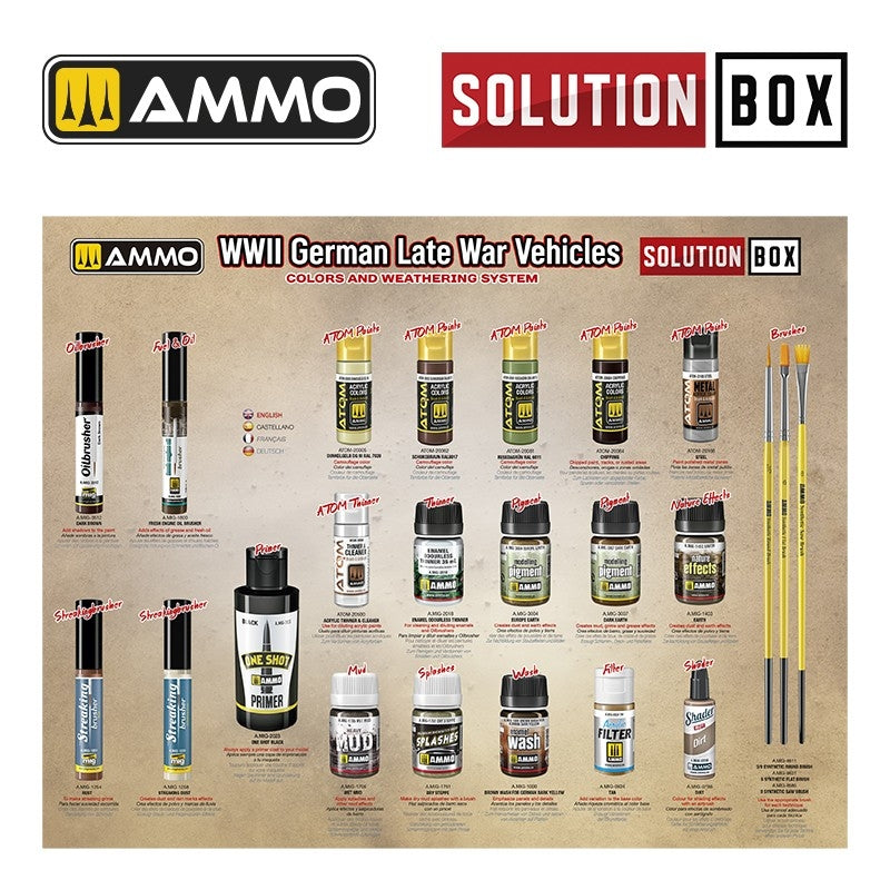 AMMO de Mig Jimenez 7729 SOLUTION BOX 23 – Véhicules allemands de fin de guerre de la Seconde Guerre mondiale. Système de couleurs et de vieillissement – immagine 3