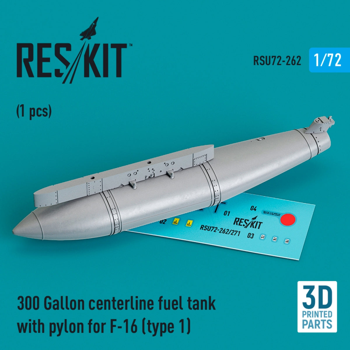 Réservoir de carburant central RESKIT RSU72-0262 de 300 gallons avec pylône pour F-16 (type 1) (1 pièce) (Impression 3D) 1/72