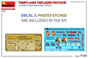 MiniArt 38045 TEMPO A400 TIEFLADER PRITSCHE 3-WHEEL BEER DELIVERY TRUCK 1/35 – zdjęcie 2
