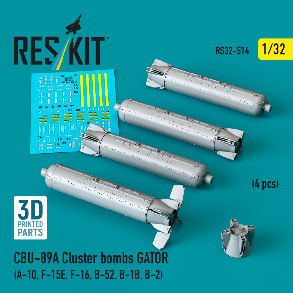 RESKIT RS32-0514 Bombes à fragmentation CBU-89A GATOR (4 pièces) (Impression 3D) 1/32