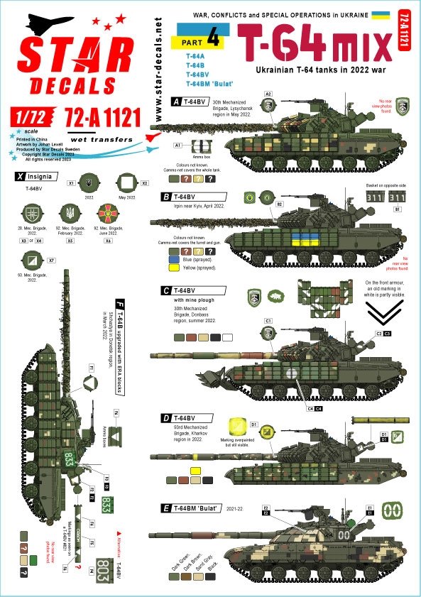 Star Decals 72-A1121 Guerre en Ukraine n° 4. Mélange de T-64 ukrainiens dans la guerre de 2022, échelle 1/72