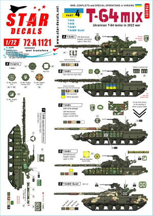 Star Decals 72-A1121 Guerre en Ukraine n° 4. Mélange de T-64 ukrainiens dans la guerre de 2022, échelle 1/72