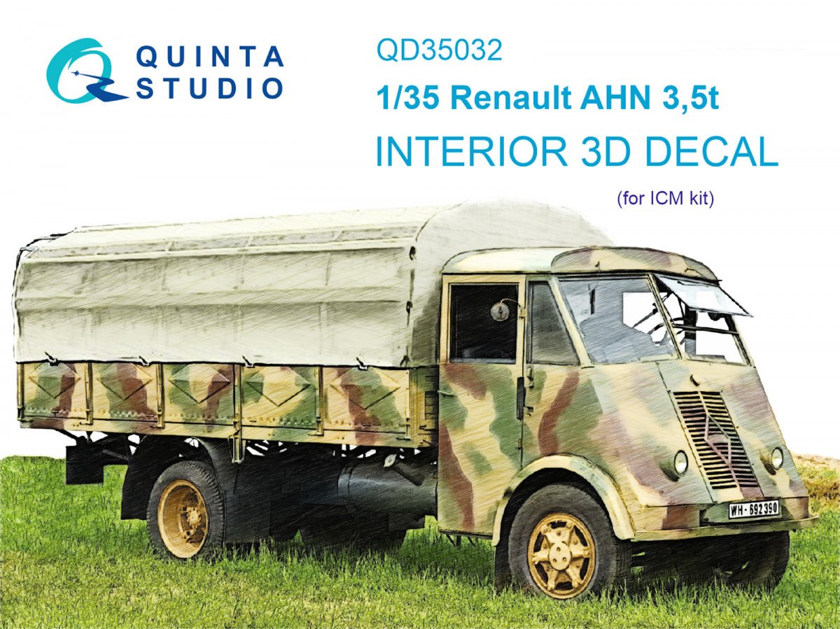 Intérieur imprimé en 3D et coloré sur papier décalcomanie (ICM) Quinta Studio QD35032 Renault AHN 3.5t 1/35