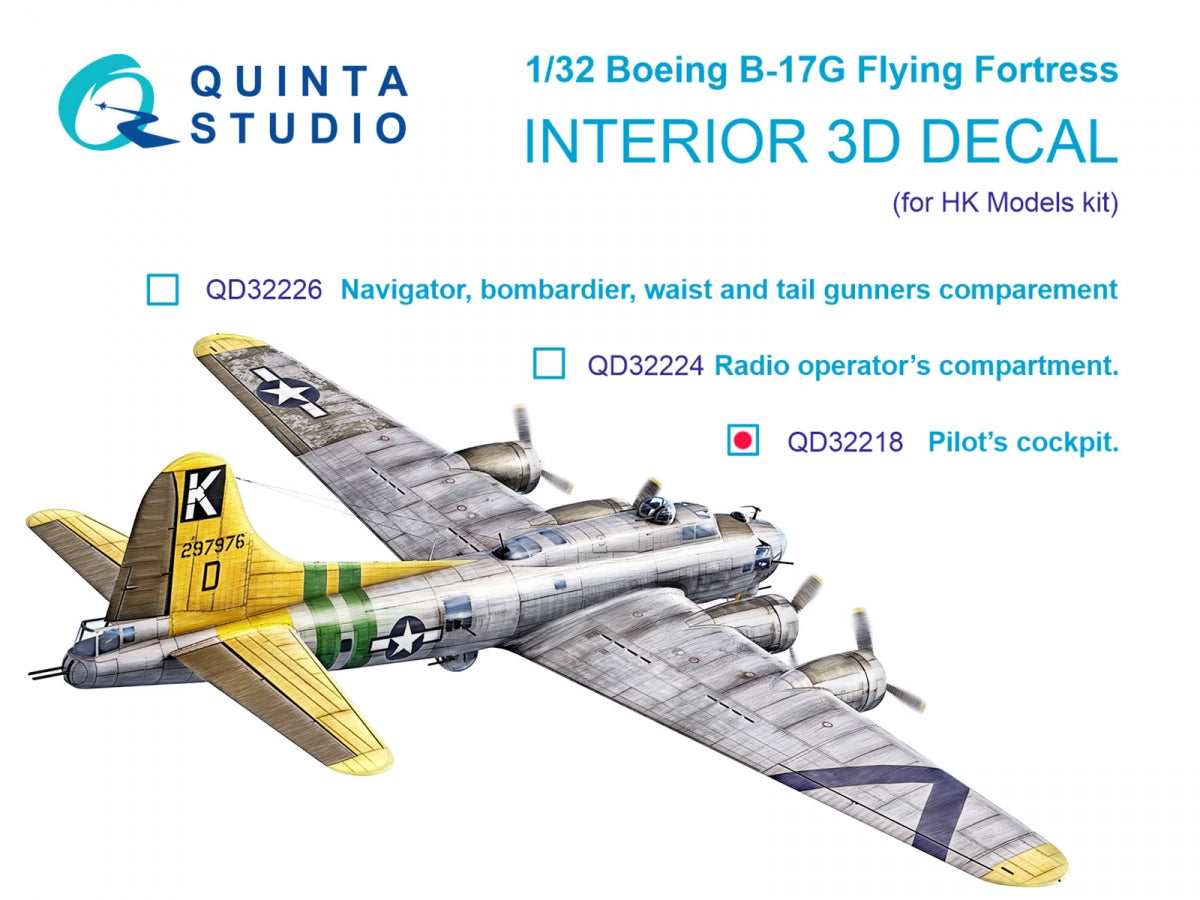 Quinta Studio QD32218 Boeing B-17G Navigator, bombardier, waist and tail gunners compartments. 3D-Printed colored Interior (HK models) 1/32
