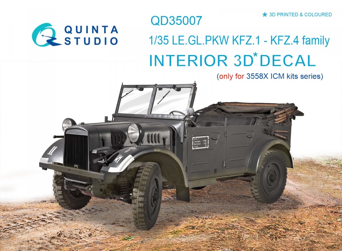 Intérieur imprimé en 3D et coloré sur papier décalcomanie Quinta Studio QD35007 KFZ 1-4 (pour kits ICM) 1/35