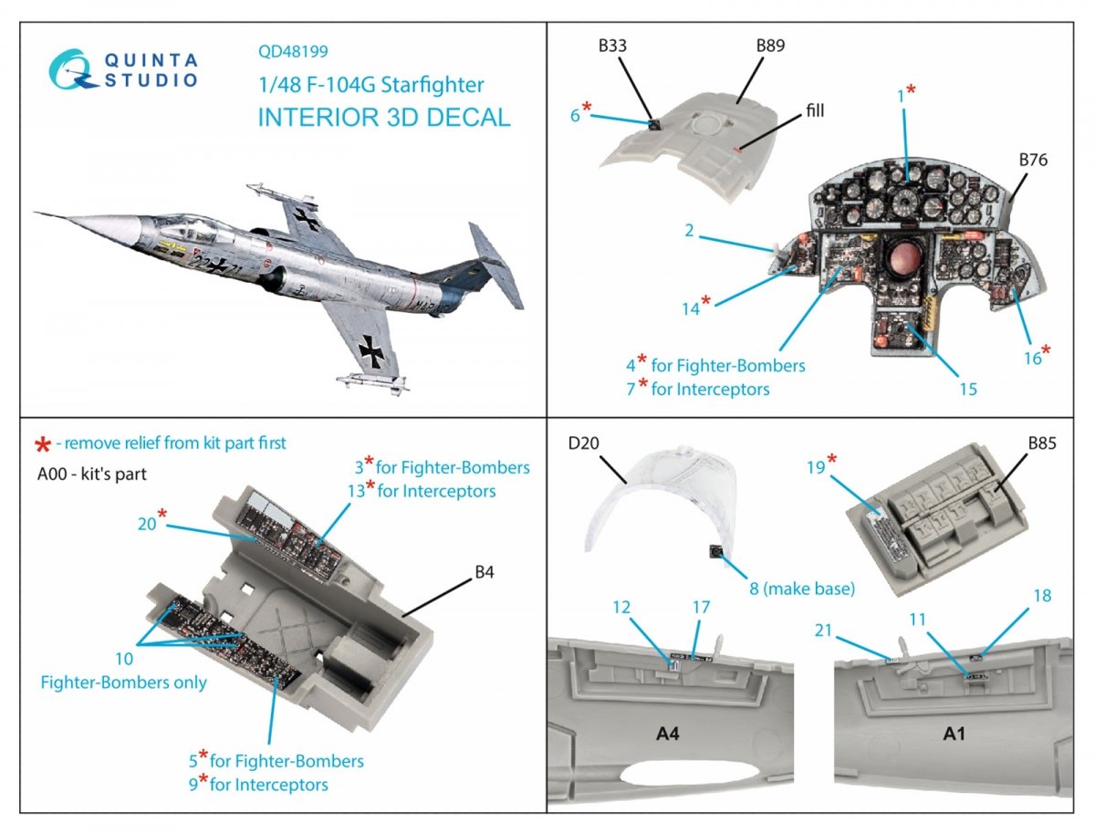 Intérieur imprimé en 3D et coloré sur papier décalcomanie Quinta Studio QD48199 F-104G (Kinetic) 1/48 – Bild 2