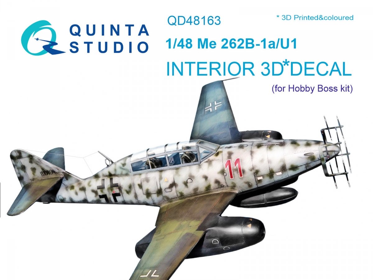 Intérieur imprimé en 3D et coloré sur papier décalcomanie Quinta Studio QD48163 Me 262B-1a/U1 (pour kit HobbyBoss) 1/48