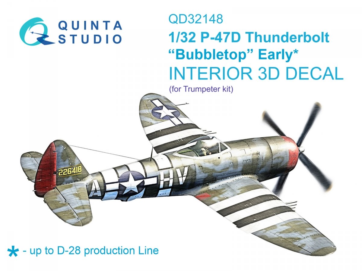 Quinta Studio QD32148 P-47D Thunderbolt Bubbletop Early, intérieur imprimé en 3D et coloré sur papier décalcomanie (Trumpeter), échelle 1/32