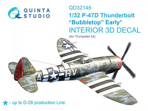 Quinta Studio QD32148 P-47D Thunderbolt Bubbletop Early, intérieur imprimé en 3D et coloré sur papier décalcomanie (Trumpeter), échelle 1/32