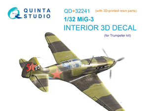 Intérieur du MiG-3 Quinta Studio QD+32241 imprimé en 3D et coloré sur papier décalcomanie (Trumpeter) (avec pièces en résine imprimées en 3D) 1/32
