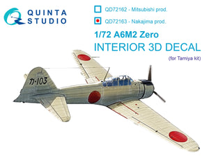 Intérieur coloré imprimé en 3D sur papier décalcomanie (Tamiya) Quinta Studio QD72163 A6M2 Zero (Nakajima Prod.) 1/72