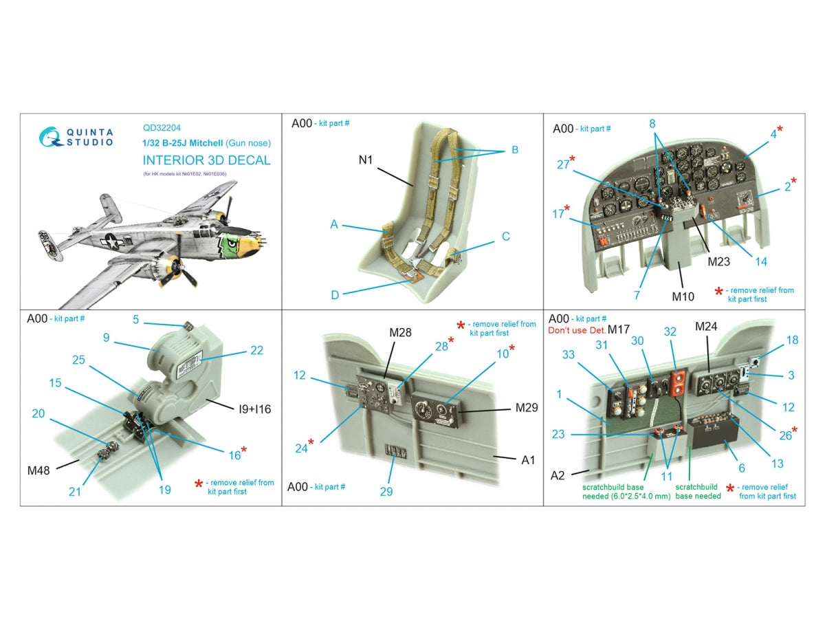 Quinta Studio QD32204 B-25J Mitchell Gun Nose, intérieur imprimé en 3D et coloré sur papier décalcomanie (HK models) 1/32  – Bild 2