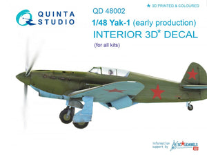 Intérieur imprimé en 3D et coloré sur papier décalcomanie pour le Yak-1 (première production) de Quinta Studio QD48002 (compatible avec tous les kits) à l&amp;#39;échelle 1/48