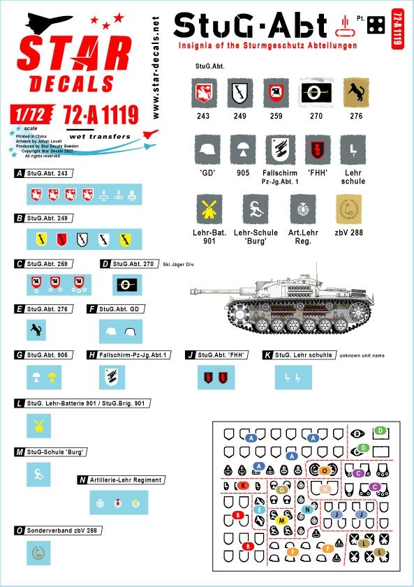 Star Decals 72-A1119 StuG-Abt n° 4 Insignes et marquages ​​d'unité génériques pour les unités de Sturmgeschûtz 1/72 