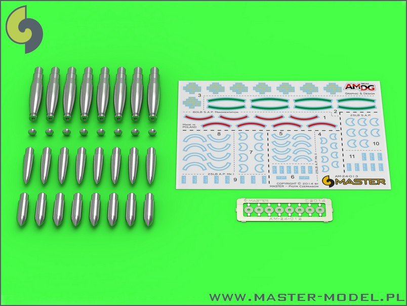 Master AM-24-013 Types supplémentaires d'ogives pour la roquette britannique RP-3 (60LB F, 25LB SAP, 25LB AP) (1/24) 