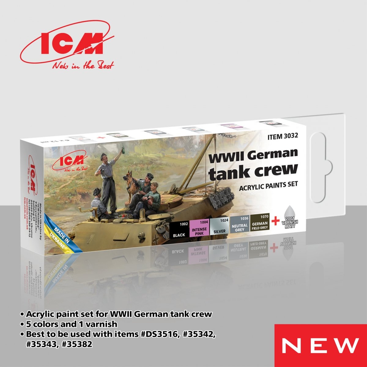 Coffret de peinture acrylique ICM 3032 pour équipage de char allemand de la Seconde Guerre mondiale (5 x 12 ml) + vernis mat