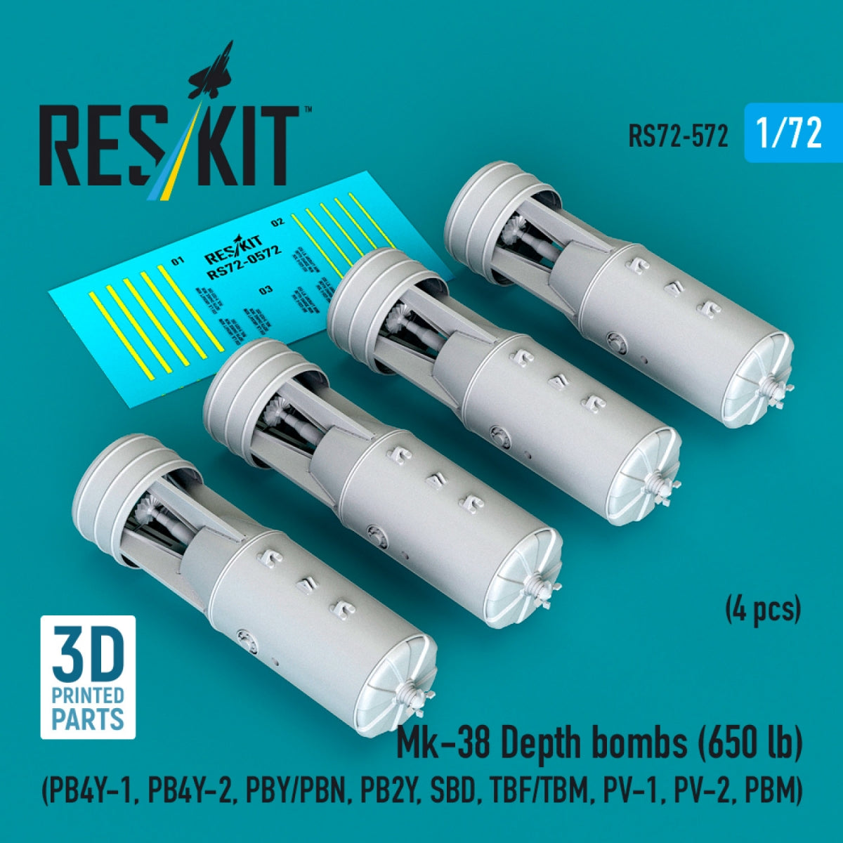 RESKIT RS72-0572 Mk-38 Depth bombs (650 lb) (4 pcs) (PB4Y-1, PB4Y-2, PBY/PBN, PB2Y, SBD, TBF/TBM, PV-1, PV-2, PBM) (3D Printed) 1/72