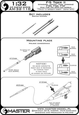 Master AM-32-110 F-5 Tiger II « Freedom Fighter » (version nez rond) - F-5A, E, F - kit de détails - Tube Pitot et canons de 20 mm 1/32 – Bild 3