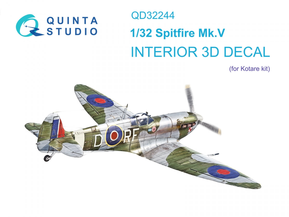 Intérieur imprimé en 3D et coloré du Spitfire Mk.V de Quinta Studio QD32244 (Kotare) à l'échelle 1/32 