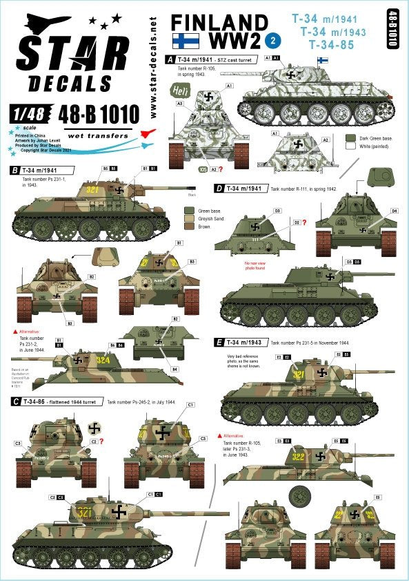 Star Decals 48-B1010 Finlande Seconde Guerre mondiale n° 2. T-34 m/1941, T-34 m/1943 et T-34-85 1/48