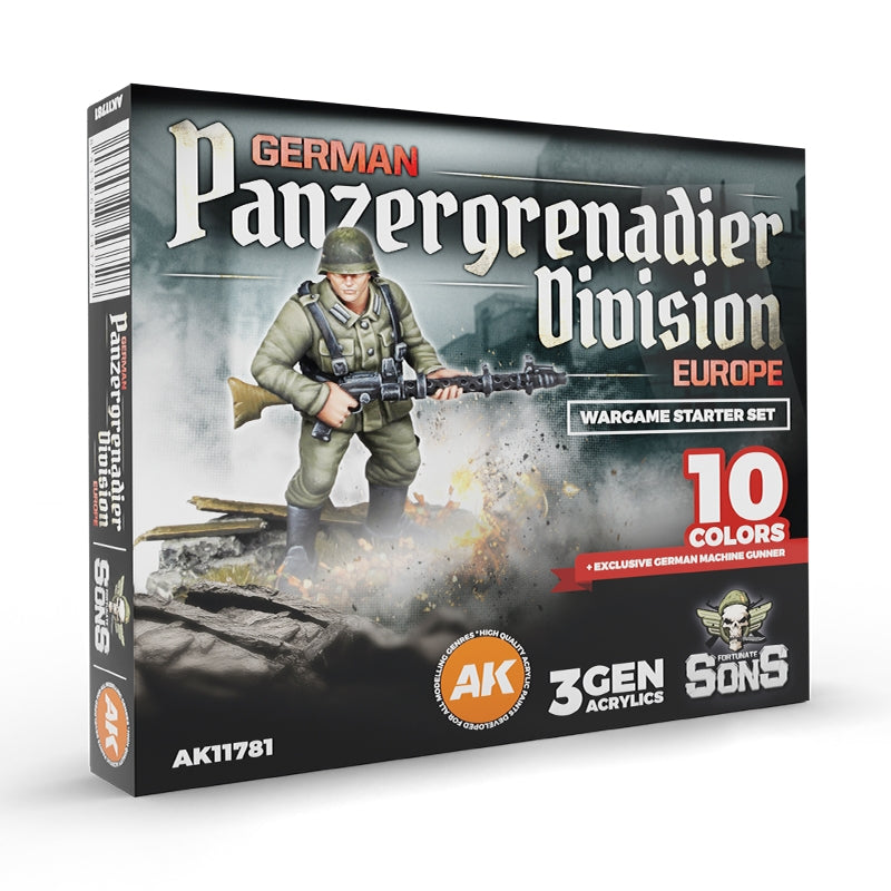 AK Interactive AK11781 GERMAN PANZERGRENADIER DIVISION, EUROPE – WARGAME STARTER SET – 10 COLORS &amp; EXCLUSIVE FIGURE (GERMAN MACHINE GUNNER)