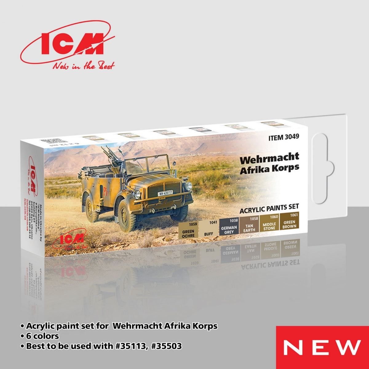 Coffret de peintures acryliques ICM 3049 pour la Wehrmacht Afrika Korps, 12 ml x 6