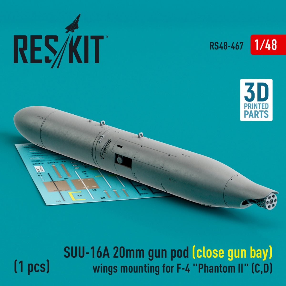 RESKIT RS48-0467 SUU-16A Nacelle de canon de 20 mm (baie de canon fermée) fixation sur les ailes pour F-4 Phantom II (C,D) (1 pièce) (Impression 3D) 1/48